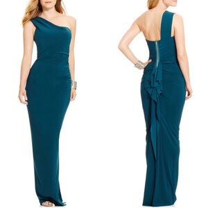 XSCAPE Maxi Dress‎ Column Gown One Shoulder Women’s Size 6 Emerald Ruffle Back